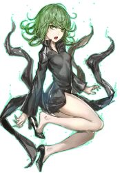 Rule 34 | 1girl, aura, black dress, black footwear, breasts, check commentary, commentary request, curly hair, dress, floating, full body, green eyes, green hair, high heels, infukun, legs, long sleeves, looking at viewer, no socks, one-punch man, open mouth, shoe dangle, short hair, simple background, small breasts, solo, tatsumaki, teeth, telekinesis, thighs, twisted torso, white background