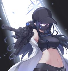 Rule 34 | absurdres, bare shoulders, baseball cap, black hat, black shirt, blue archive, blue eyes, blue hair, breasts, coat, crop top, gun, hat, highres, holding, holding gun, holding weapon, kyl490, large breasts, long hair, looking at viewer, mask, midriff, mouth mask, navel, off shoulder, open clothes, open coat, rifle, saori (blue archive), shirt, stomach, upper body, very long hair, weapon, white coat
