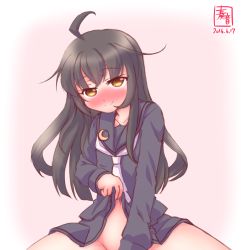Rule 34 | 10s, 1girl, ahoge, black hair, black serafuku, blush, clothes lift, crescent, crescent hair ornament, crescent pin, dated, embarrassed, eyebrows, gradient background, hair ornament, highres, kanon (kurogane knights), kantai collection, long hair, long sleeves, looking at viewer, mikazuki (kancolle), neckerchief, no panties, no pants, out-of-frame censoring, pleated skirt, school uniform, serafuku, simple background, sitting, skirt, skirt lift, smile, solo, white neckerchief, yellow eyes