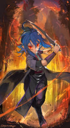Rule 34 | 1girl, arm wrap, blue hair, coat, commission, forest, hair between eyes, hands up, highres, holding, holding knife, indie virtual youtuber, knife, leaflit mitsuha, medium hair, nagasawa tougo, nature, open clothes, open coat, open mouth, outdoors, pants, pointy ears, red eyes, running towards viewer, short sleeves, skeb commission, tree, twitter username, virtual youtuber, wind