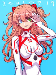 Rule 34 | 1girl, blue eyes, bodysuit, boyaking, breasts, brown hair, dated, evangelion: 3.0+1.0 thrice upon a time, eyepatch, hair ornament, heterochromia, highres, lips, long hair, looking at viewer, neon genesis evangelion, pilot suit, plugsuit, rebuild of evangelion, shiny clothes, skin tight, smile, solo, souryuu asuka langley, two side up, very long hair, white bodysuit, wide hips
