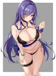 Rule 34 | 1girl, azur lane, bare shoulders, bead bracelet, beads, bikini, black bikini, bracelet, breasts, choker, cleavage, collarbone, eyes visible through hair, grey background, hair intakes, hair over one eye, halterneck, halterneck, hand on thigh, hand up, highres, icomochi, jewelry, large breasts, long hair, looking at viewer, mole, mole on thigh, multi-strapped bikini, navel, o-ring, o-ring bikini, purple hair, red eyes, scrunchie, side-tie bikini bottom, smile, solo, stomach, swimsuit, thigh strap, thighs, trento (azur lane), trento (summer&#039;s hotness?) (azur lane), very long hair, wrist scrunchie