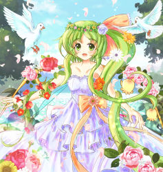 Rule 34 | 1girl, :d, alternate costume, bare shoulders, bird, collarbone, daiso, daiyousei, dove, dress, flower, frilled dress, frills, green eyes, green hair, long hair, looking at viewer, open mouth, petals, pigeon, rose, side ponytail, smile, solo focus, sunflower, touhou