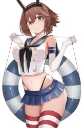 Rule 34 | 1girl, absurdres, beisaku bei, black neckerchief, black panties, blue sailor collar, blue skirt, breasts, brown hair, cosplay, cowboy shot, crop top, elbow gloves, flipped hair, gloves, green eyes, headgear, highleg, highleg panties, highres, kantai collection, large breasts, lifebuoy, looking at viewer, microskirt, mutsu (kancolle), navel, neckerchief, panties, pleated skirt, radio antenna, sailor collar, shimakaze (kancolle), shimakaze (kancolle) (cosplay), short hair, simple background, skirt, smile, solo, standing, striped clothes, striped thighhighs, swim ring, thighhighs, thong, underwear, white background, white gloves