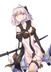 Rule 34 | 1girl, @ @, absurdres, ahoge, bare shoulders, bikini, black bikini, black bow, black gloves, black scarf, black thighhighs, blush, bow, breasts, cleavage, convenient censoring, dabingdan, fate/grand order, fate (series), gloves, grey hair, hair between eyes, hair bow, highres, katana, medium breasts, okita j. souji (fate), okita j. souji (first ascension) (fate), okita souji (fate), okita souji (koha-ace), scarf, sheath, sheathed, short hair, simple background, single glove, solo, swimsuit, sword, tearing up, thighhighs, torn clothes, undressing, weapon, white background