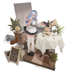 1girl absurdres apron artist_name azur_lane black_dress black_hairband black_shoes bottle breasts bucket cabinet cake cake_slice chain_yu chair checkered_floor clothing_cutout commentary cup dated desk_lamp dido_(azur_lane) diorama dress drinking_glass dropping falling food fork frilled_apron frills hairband hands_up highres holding holding_tray lamp large_breasts long_hair looking_to_the_side macaron maid manjuu_(azur_lane) menu_board parted_lips pink_eyes plant potted_plant purple_hair round_table saucer shoes short_dress simple_background solo spoon standing sweatdrop table tea teacup teapot thighhighs tiered_tray tray underboob underboob_cutout white_apron white_background white_dress white_thighhighs wine_bottle wine_glass