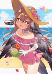 Rule 34 | 1girl, :d, animal ears, beach, bird ears, bird tail, bird wings, blue bow, blue sky, blush, bow, choker, coconut, commentary, commission, cowboy shot, day, drinking straw, english commentary, flower, gloves, green eyes, hat, hat flower, highres, holding, indie virtual youtuber, kan&#039;yu (citron 82), looking at viewer, magpie (vtuber), off-shoulder one-piece swimsuit, off shoulder, one-piece swimsuit, open mouth, outdoors, pink choker, pink flower, pink one-piece swimsuit, pink rose, red flower, rose, skeb commission, sky, smile, solo, standing, straw hat, swimsuit, tail, virtual youtuber, white gloves, wings