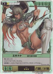 Rule 34 | 1girl, arms (company), blood, breasts, card (medium), character name, clenched teeth, dagger, dual wielding, echidna (queen&#039;s blade), high ponytail, highres, hobby japan, holding, injury, knife, linea alba, living clothes, long hair, looking at viewer, megahouse, no bra, numbers, pointy ears, queen&#039;s blade, scan, sideboob, simple background, snake, solo, stats, sweat, teeth, torn clothes, torn legwear, translation request, tsukasa jun, underboob, weapon