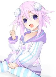Rule 34 | absurdres, bimmy, breasts, choker, hair between eyes, hair ornament, hairclip, happy, highres, hood, hoodie, leggings, neptune (neptunia), neptune (series), open mouth, parka, purple eyes, purple hair, short hair, simple background, small breasts, solo, striped clothes, striped thighhighs, thighhighs, v