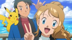 Rule 34 | 1boy, 1girl, :d, aged up, ash ketchum, black hair, blue jacket, brown eyes, closed mouth, cloud, commentary, couple, creatures (company), dango, day, english commentary, food, game freak, gen 1 pokemon, hand up, jacket, light brown hair, long hair, looking at viewer, nintendo, noelia ponce, ocean, open mouth, outdoors, pikachu, pokemon, pokemon (anime), pokemon (creature), pokemon xy (anime), serena (pokemon), setsubun, sky, smile, tongue, wagashi, water