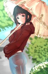Rule 34 | 1girl, absurdres, back peek, black hair, blue pants, blue sky, blurry, blurry background, bob cut, breasts, brown eyes, bush, commentary, cowboy shot, day, denim, depth of field, foliage, from behind, hand in pocket, highres, holding, holding umbrella, hood, hood down, hoodie, jeans, light blush, looking at viewer, looking back, meemz a, nakahara misaki, nhk ni youkoso!, outdoors, pants, parasol, parted lips, red hoodie, romaji commentary, short hair, sky, small breasts, solo, standing, tree, umbrella, upturned eyes
