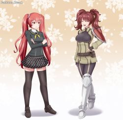 Rule 34 | 2girls, absurdres, armored boots, boots, commission, cosplay, costume switch, crossed arms, crossover, fingerless gloves, fire emblem, fire emblem awakening, gloves, hair tie, hand on own hip, highres, kujikawa rise, multiple girls, nintendo, patdarux, persona, persona 4, red hair, school uniform, severa (fire emblem), simple background, skirt, smile, thighhighs, tsundere, twintails, unamused
