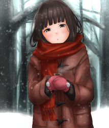 Rule 34 | 1girl, black hair, black sweater, blush, brown eyes, cape, closed mouth, coat, coffee, forest, hatsuyuki (kancolle), highres, kantai collection, long hair, looking at viewer, mittens, nature, pink mittens, red scarf, scarf, snow, snowing, solo, sweater, tama (tamago), tree