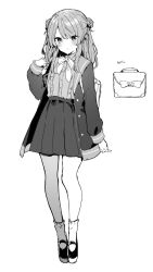 Rule 34 | 1girl, backpack, bag, blouse, blush, bow, bowtie, coat, dot mouth, dot nose, double bun, greyscale, hair bun, highres, ikeuchi tanuma, looking at viewer, miniskirt, monochrome, open clothes, open coat, original, parted lips, pleated skirt, shirt, shoes, simple background, skirt, socks, solo, white background