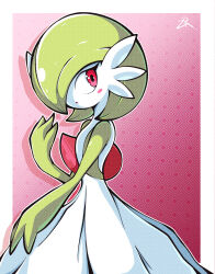 Rule 34 | alphazr, blush, bob cut, colored skin, creatures (company), dress, game freak, gardevoir, gen 3 pokemon, gradient background, green hair, hair over one eye, highres, looking at viewer, multicolored skin, nintendo, parted lips, pink background, pink eyes, pokemon, pokemon (creature), signature, two-tone skin, white dress, white skin