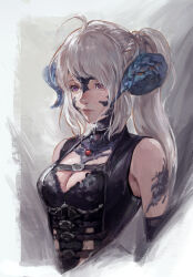 Rule 34 | 1girl, ahoge, au ra, bare shoulders, belt, black belt, black jacket, blue horns, braid, breasts, cleavage, closed mouth, commentary, cropped arms, cropped torso, curled horns, dragon girl, dragon horns, final fantasy, final fantasy xiv, gem, grey hair, highres, horns, jacket, long hair, looking afar, looking ahead, medium breasts, open clothes, open jacket, ponytail, purple eyes, red gemstone, scales, sidelocks, sleeveless, sleeveless jacket, solo, symbol-only commentary, tezy8art, turtleneck, underbust, warrior of light (ff14)