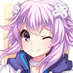 Rule 34 | 1girl, artist request, blush, closed mouth, collar, collarbone, d-pad, d-pad hair ornament, hair between eyes, hair ornament, hood, hood down, hoodie, long sleeves, looking at viewer, neptune (neptunia), neptune (series), one eye closed, purple eyes, purple hair, short hair, solo, upper body, white hoodie