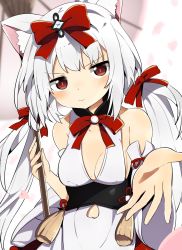 Rule 34 | alternate costume, animal ears, azur lane, blurry, blurry background, bow, breasts, cat ears, cleavage, commentary request, detached sleeves, dress, hair bow, hair ribbon, highres, holding, holding umbrella, looking at viewer, low twintails, medium breasts, oil-paper umbrella, reaching, reaching towards viewer, red eyes, ribbon, solo, tonari (ichinichime azuma), twintails, umbrella, white hair, yukikaze (azur lane), yukikaze (winter&#039;s snowy wind) (azur lane)