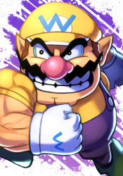 Rule 34 | 1boy, absurdres, big nose, black eyes, brown hair, buttons, clenched hands, clothes writing, facial hair, gloves, green footwear, hat, highres, mario (series), muscular, muscular male, mustache, nintendo, overalls, pointy ears, purple overalls, shirt, shoes, short hair, short sleeves, silverchariotx, solo, thick eyebrows, wario, white gloves, yellow hat, yellow shirt
