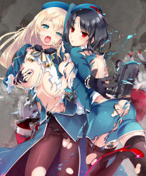Rule 34 | 10s, 2girls, :o, ass, atago (kancolle), black hair, black legwear, blonde hair, blue eyes, blue jacket, blush, breast press, breasts, butt crack, censored, convenient censoring, covering privates, covering breasts, d:, damaged, garter straps, half-closed eyes, hat, hayakawa akari, high heels, jacket, kantai collection, large breasts, long hair, long sleeves, machinery, military, military uniform, multiple girls, no bra, no panties, open mouth, pantyhose, red eyes, shirt, smoke, takao (kancolle), thighhighs, torn clothes, torn legwear, torn shirt, uniform