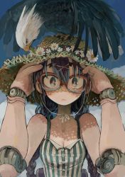 Rule 34 | 1girl, bare shoulders, bird, blue hair, braid, breasts, brown eyes, cleavage, closed mouth, commentary request, daisy, dress, eagle, ebimomo, flower, glasses, hands up, hat, hat flower, long hair, looking at viewer, mechanical arms, mechanical parts, medium breasts, original, red-framed eyewear, solo, straw hat, striped clothes, striped dress, twin braids, upper body, white flower, worm