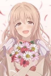 Rule 34 | 1girl, :d, bouquet, brown eyes, brown hair, commentary request, duffy, flower, hair between eyes, highres, holding, holding bouquet, idolmaster, idolmaster cinderella girls, looking at viewer, open mouth, saionji kotoka, short sleeves, smile, solo, thick eyebrows