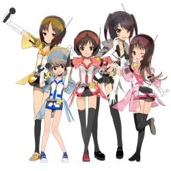 Rule 34 | 5girls, :d, belt, black legwear, brown eyes, brown hair, dress, elbow gloves, full body, gloves, idol, long hair, looking back, microphone, moe japan, multiple girls, navel, official art, okama, one eye closed, open mouth, shoes, short hair, skirt, smile, sneakers, socks, star (symbol), thighhighs, transparent background, vocaloid, vocaloid idols, vocaloidol, white gloves, wink