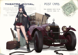 Rule 34 | 1girl, absurdres, alternate costume, ankle strap, arknights, birdcage, black footwear, black gloves, black hair, black jacket, boots, brown eyes, cage, car, cigarette, cjmy, collared shirt, commentary, commentary request, english text, gloves, grey shirt, hair between eyes, hat, highres, industrial pipe, jacket, jacket on shoulders, long hair, military hat, motor vehicle, necktie, open clothes, open jacket, postcard, red shorts, shirt, short shorts, shorts, sleeves rolled up, solo, stamp, standing, striped clothes, striped shirt, suitcase, texas (arknights), thigh strap, toolbox, vehicle focus, wheel