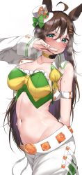 Rule 34 | 1girl, absurdres, animal ears, armband, blush, breasts, brown hair, cleavage, closed mouth, collarbone, commentary request, crop top, fingers to mouth, green eyes, groin, hair between eyes, highres, horse ears, horse girl, jacket, kshimu, large breasts, light smile, long hair, looking at viewer, mr. c.b. (umamusume), navel, shirt, shorts, simple background, smile, solo, standing, steam, stomach, strapless, strapless shirt, umamusume, very long hair, white background, white jacket