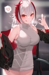 Rule 34 | 1girl, absurdres, adapted costume, ahoge, antenna hair, arknights, armpits, black jacket, blurry, blurry background, blush, breasts, closed mouth, commentary, covered navel, cowboy shot, demon horns, demon tail, english commentary, grey shirt, hair between eyes, heart, highres, horns, izulizuru, jacket, charm (object), large breasts, licking lips, looking at viewer, medium hair, multicolored hair, nail polish, off shoulder, ok sign, open clothes, open jacket, red eyes, red hair, red nails, shirt, signature, silver hair, sleeveless, sleeveless shirt, smile, solo, spoken heart, standing, steaming body, streaked hair, sweat, tail, taut clothes, taut shirt, thighs, tongue, tongue out, two-sided fabric, two-sided jacket, two-tone hair, unzipped, w (arknights)