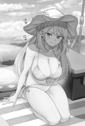 Rule 34 | 1girl, beach, beach towel, beach umbrella, bikini, blue archive, blush, breasts, cleavage, cloud, commentary request, cooler, greyscale, hair between eyes, halo, hat, innertube, large breasts, long hair, looking at viewer, monochrome, naughty face, nonomi (blue archive), nonomi (swimsuit) (blue archive), outdoors, side-tie bikini bottom, sitting, sky, smile, solo, sun hat, swim ring, swimsuit, towel, translation request, umbrella, water, youtike