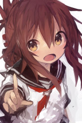 Rule 34 | 1girl, absurdres, blush, brown hair, folded ponytail, hair between eyes, highres, inazuma (kancolle), index finger raised, kaamin (mariarose753), kantai collection, long sleeves, neckerchief, open mouth, red neckwear, sailor collar, school uniform, serafuku, simple background, solo, torn clothes, torn neckerchief, white background, yellow eyes