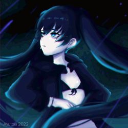 Rule 34 | absurdres, asutoia, black rock shooter, black rock shooter (character), blue eyes, flat chest, highres, hood, long hair, pale skin, revealing clothes, twintails