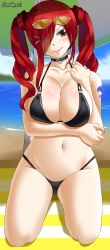 Rule 34 | 1girl, alternate hairstyle, beach, bikini, black bikini, breast hold, breasts, brown eyes, erza scarlet, fairy tail, hair over one eye, highres, kneeling, large breasts, navel, red hair, sharknex01, smile, solo, sunglasses on head, swimsuit, towel, twintails, water