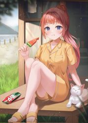 Rule 34 | 1girl, blue eyes, cat, closed mouth, crossed legs, day, eating, food, fruit, highres, holding, holding food, long hair, looking at viewer, love30426906, original, ponytail, popsicle, red hair, sandals, short sleeves, shorts, sidelocks, sitting, solo, very long hair, watermelon, watermelon bar, white cat