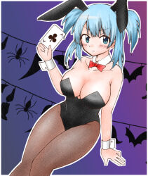 Rule 34 | 1girl, ace (playing card), animal ears, bare shoulders, bat (animal), black leotard, blue eyes, blue hair, blush, bow, bowtie, breasts, brown pantyhose, card, cleavage, closed mouth, club (shape), collarbone, detached collar, fake animal ears, holding, holding card, large breasts, leotard, looking at viewer, magia record: mahou shoujo madoka magica gaiden, mahou shoujo madoka magica, medium hair, minami rena, outline, pantyhose, playboy bunny, playing card, rabbit ears, rauny54, red bow, red bowtie, short twintails, sitting, solo, strapless, strapless leotard, twintails, two side up, v-shaped eyebrows, wrist cuffs