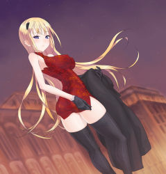 Rule 34 | 1girl, ass, baldr sky, bare shoulders, black gloves, black thighhighs, blonde hair, blue hair, blush, breasts, china dress, chinese clothes, dress, dutch angle, female focus, from behind, gloves, hair ornament, impossible clothes, impossible dress, jacket, kazuoki, kirishima rain, long hair, looking at viewer, looking back, night, night sky, perky breasts, red dress, short dress, skindentation, sky, solo, thighhighs, thighs, very long hair