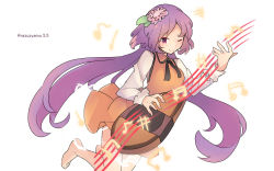 Rule 34 | 1girl, ;), beamed eighth notes, beamed sixteenth notes, biwa lute, bow, bowtie, dress, eighth note, flower, hair flower, hair ornament, instrument, long hair, long sleeves, lute (instrument), musical note, one eye closed, purple eyes, purple hair, quarter note, razuzyamu, smile, solo, touhou, tsukumo benben, twintails