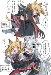 Rule 34 | 3girls, animal ear fluff, animal ears, arknights, black capelet, black hair, black jacket, blonde hair, capelet, carrying, commentary request, closed eyes, highres, jacket, lappland (arknights), multiple girls, na tarapisu153, open mouth, red eyes, short twintails, smile, sora (arknights), texas (arknights), thighhighs, translation request, twintails, white hair, white jacket, wolf ears, wolf girl, aged down