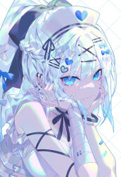 Rule 34 | 1girl, alternate costume, bandaged arm, bandages, bare shoulders, black bow, blue eyes, blue hair, blue nails, bow, braid, breasts, cleavage, dress, ear piercing, emoillu, fate/grand order, fate (series), hair bow, hair ornament, half up braid, hands on own cheeks, hands on own face, hat, head rest, heart, heart hair ornament, heart print, highres, large breasts, long hair, looking at viewer, morgan le fay (fate), piercing, ponytail, sidelocks, smile, solo, strapless, strapless dress, white dress