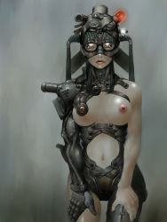 Rule 34 | 1girl, alien1452, armor, breasts, cyborg, glasses, helmet, leather, machine, metal, nipples, science fiction, solo, topless, twintails, what