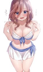 Rule 34 | 1girl, absurdres, bikini, blue bow, blue eyes, blush, bow, breasts, brown hair, chigusa minori, cleavage, collarbone, commentary request, cowboy shot, go-toubun no hanayome, hair between eyes, highres, large breasts, long hair, long hair between eyes, looking at viewer, nakano miku, navel, open mouth, shadow, simple background, smile, solo, stomach, swimsuit, translation request, white background, white bikini
