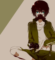 Rule 34 | 1boy, black hair, blue eyes, clothes lift, collarbone, controller, game console, game controller, gas mask, indian style, male focus, mask, massuru, navel, original, playstation 2, shirt lift, short hair, sitting, solo, track suit