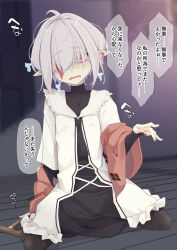 Rule 34 | 1girl, ahoge, black dress, black pantyhose, blurry, blurry background, burn scar, cane, covered collarbone, dress, fangs, frills, grey hair, hair over eyes, hand up, highres, layered sleeves, long sleeves, looking at viewer, ogami kazuki, on floor, open mouth, original, pantyhose, pointy ears, red eyes, scar, short over long sleeves, short sleeves, solo, thick eyebrows, translation request, wavy mouth, white dress, wooden floor