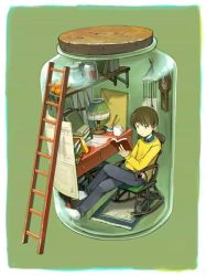 Rule 34 | 1boy, book, bottle, brown hair, chair, clock, crossed legs, in bottle, in container, jar, ladder, lamp, male focus, mini person, miniboy, non-web source, open book, original, reading, rocking chair, sejima kentarou, short hair, sitting, solo, source request