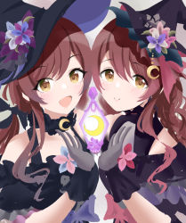 Rule 34 | 2girls, aasa861, black dress, blush, brown hair, closed mouth, commentary request, crescent, crescent choker, crescent hat ornament, crescent moon, dress, flower, frilled dress, frills, gloves, hair between eyes, hat, hat flower, hat ornament, highres, idolmaster, idolmaster shiny colors, long hair, looking at viewer, matching outfits, moon, multiple girls, open mouth, osaki amana, osaki tenka, siblings, sisters, twins, vial, witch hat, yellow eyes