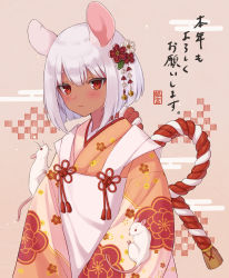 Rule 34 | 1girl, animal ears, apron, bell, blush, commentary request, dark skin, eyes visible through hair, hair between eyes, hair ornament, highres, japanese clothes, kimono, komiya nigi, long sleeves, looking at viewer, mouse (animal), mouse ears, original, red eyes, short hair, sidelocks, translation request, v arms, white hair, wide sleeves
