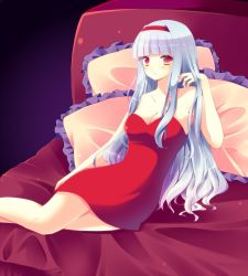 Rule 34 | 1girl, adjusting hair, bare shoulders, bed, blush, breasts, cleavage, dress, female focus, gradient background, hairband, idolmaster, idolmaster (classic), legs, long hair, pillow, reclining, red dress, red eyes, shijou takane, silver hair, solo, strapless, strapless dress