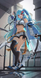 Rule 34 | 1girl, :d, absurdres, asymmetrical legwear, bare shoulders, belt, belt buckle, black socks, blue coat, blue footwear, blue hair, blush, breasts, buckle, coat, commission, crop top, crop top overhang, dated, day, flower, full body, glowing, glowing sword, glowing weapon, grey shorts, hair flower, hair ornament, highres, kneehighs, kokukyukeo, long hair, long sleeves, looking at viewer, medium breasts, midriff, navel, one side up, open clothes, open coat, open mouth, original, railing, red eyes, red flower, reflective floor, shoes, short shorts, shorts, signature, single kneehigh, single sock, single thighhigh, smile, sneakers, socks, solo, standing, sword, thighhighs, underboob, very long hair, weapon, weapon on back