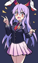Rule 34 | 1girl, animal ears, black jacket, blush, breasts, buttons, collared jacket, collared shirt, commentary request, crescent, crescent pin, e.o., eyelashes, hair between eyes, hands up, highres, jacket, long hair, long sleeves, looking away, medium breasts, miniskirt, necktie, open mouth, pink skirt, pointing, purple background, purple hair, rabbit ears, red eyes, red necktie, reisen udongein inaba, ringed eyes, shirt, simple background, skirt, smile, solo, tongue, touhou, v-shaped eyebrows, white shirt